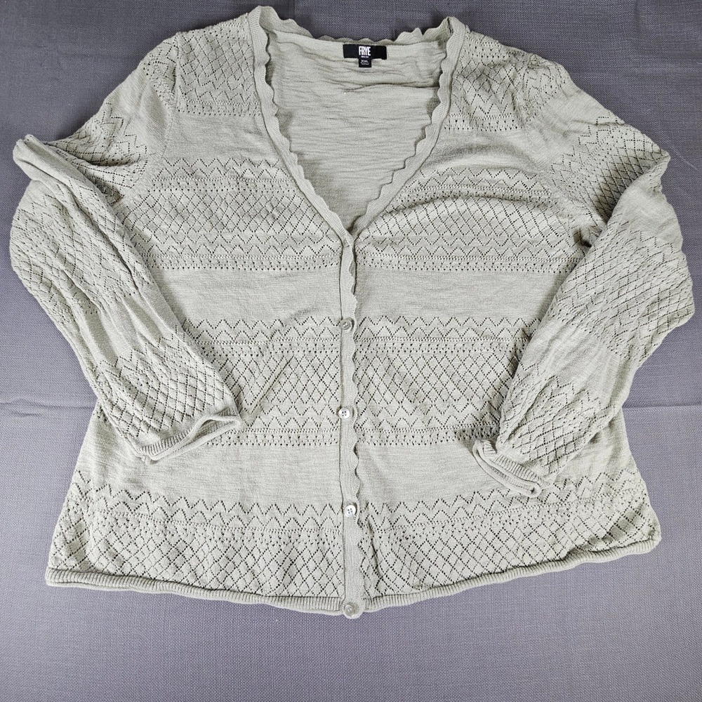 FRYE Womens Green Lace Knit Button‎ Up scalloped edge Cardigan Sweater XXL